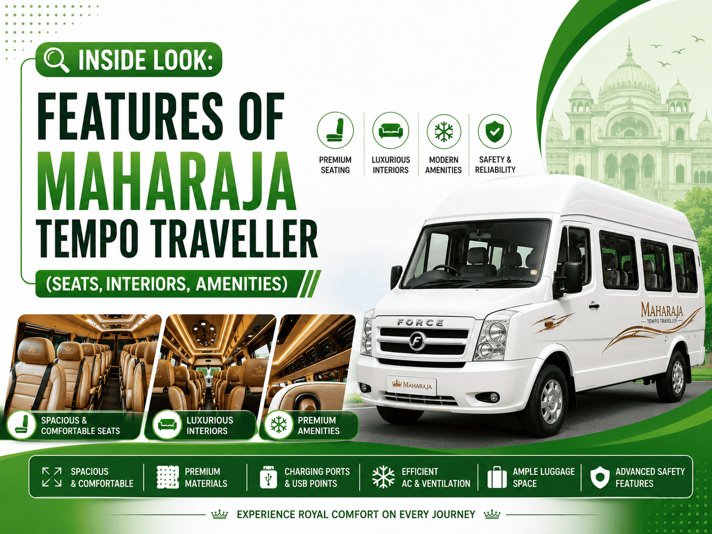 Features of Maharaja Tempo Traveller (Seats, Interiors, Amenities)