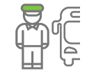 A driver with a green cap and a minibus placed behind