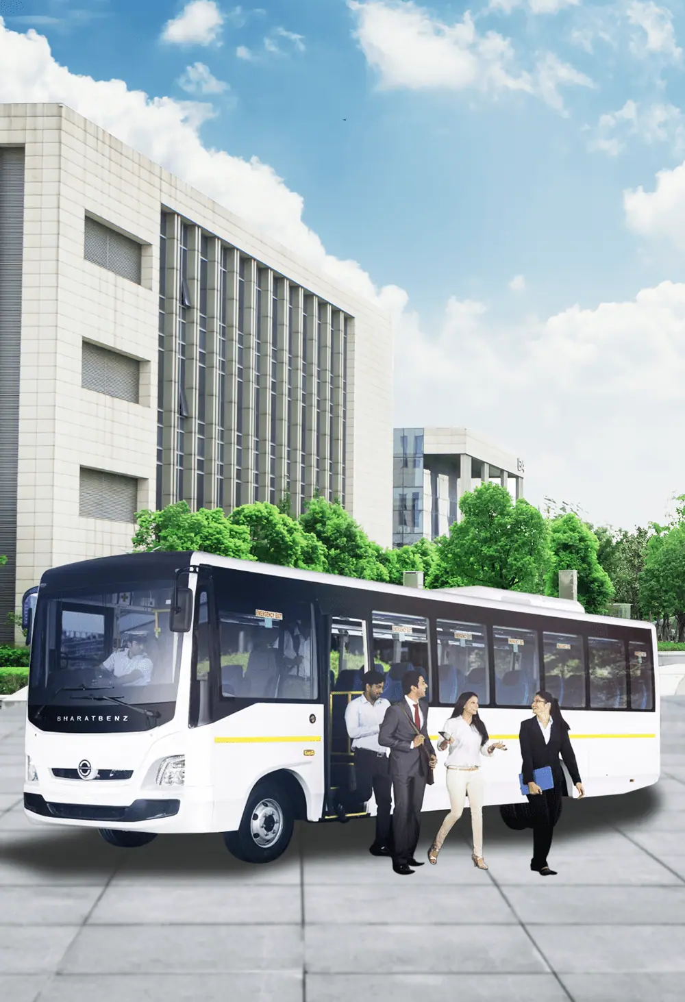 A group of working professionals stepping out of their corporate transport bus in a commerical complex in Mumbai