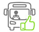 A bus with a driver seated on the inside