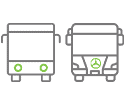 A driver with a green cap and a minibus placed behind