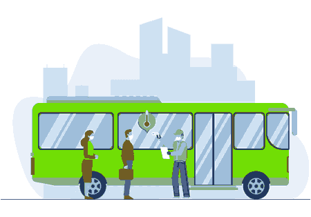 A safety professional checking the temperature of two working professionals outside the bus